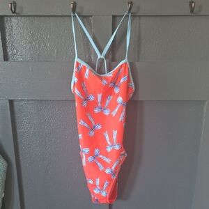 Red Swimsuit with Blue Bow Pattern